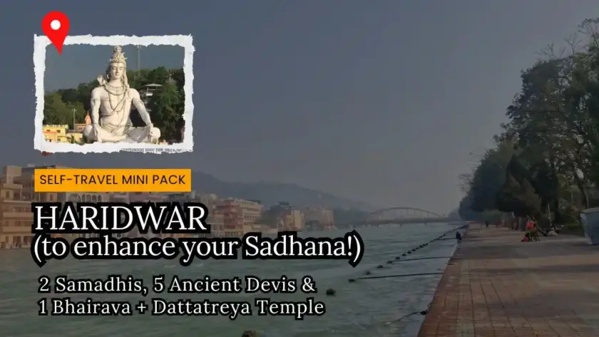 Details of Haridwar Sadhana Immersion self-travel pack on the background of Ganga river flowing with ghat spaces