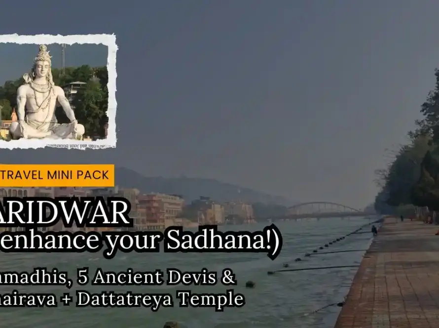 Details of Haridwar Sadhana Immersion self-travel pack on the background of Ganga river flowing with ghat spaces