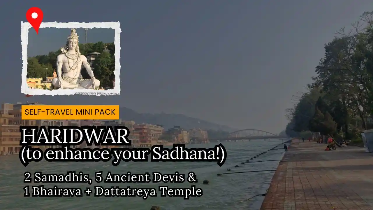 Details of Haridwar Sadhana Immersion self-travel pack on the background of Ganga river flowing with ghat spaces