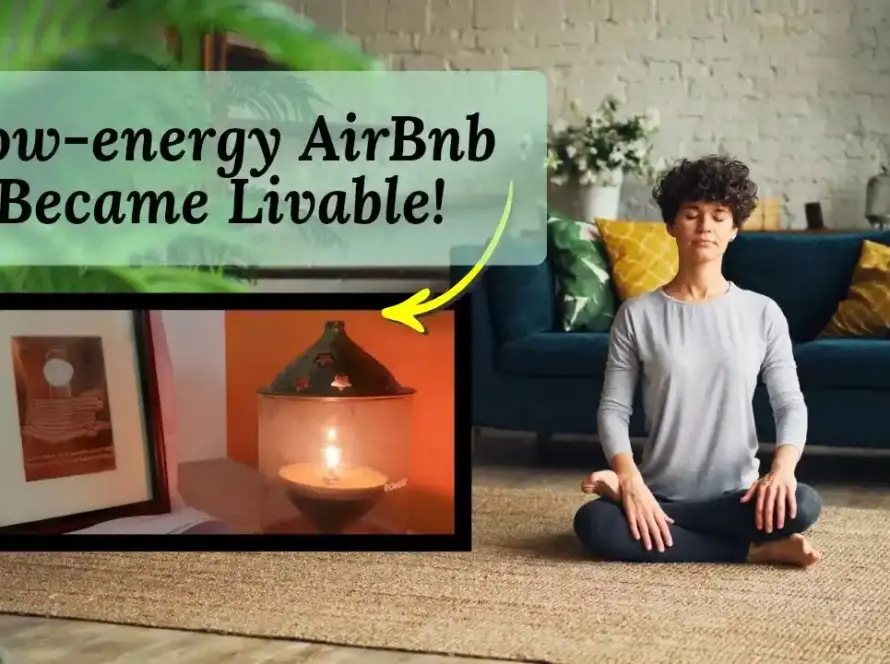 Sadhaka sitting in a room with dhyanalinga yantra and akhand diya depicting how I transformed a low energy Airbnb room